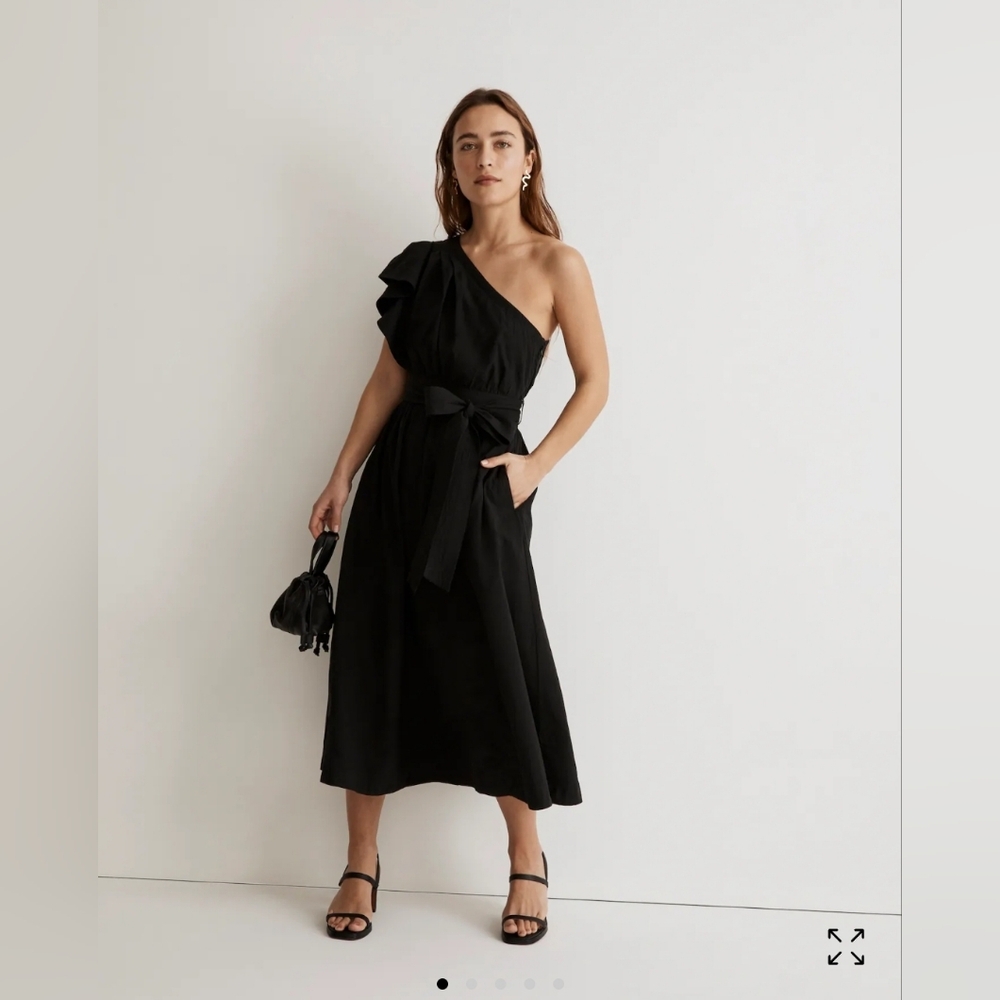 Madewell Ruffled One-Shoulder Midi Dress Black With Bow Size 0